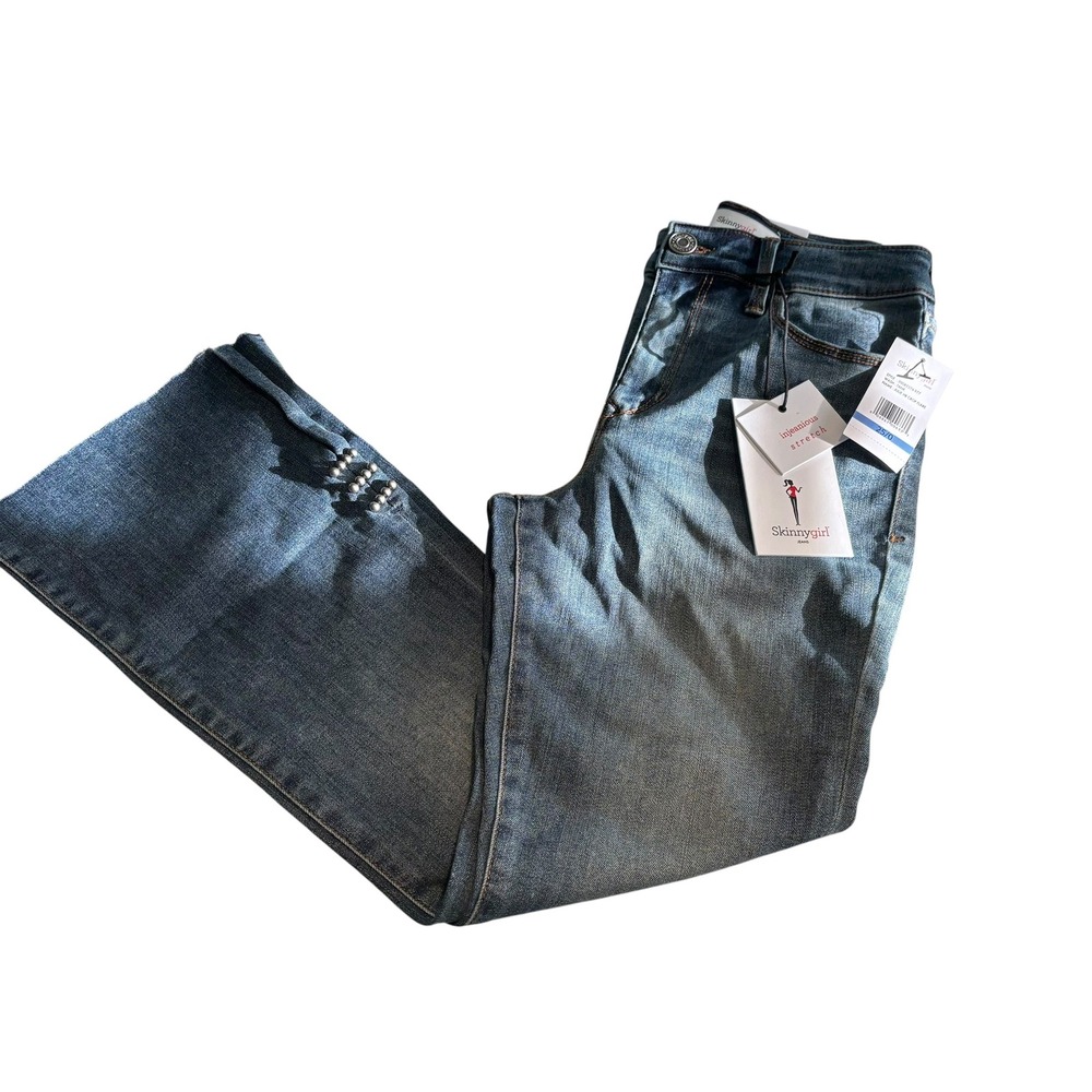 Skinnygirl Julie High Rise Crop Flare Jeans. SZ 25. Raw Hem. Tank Wash. Studded.